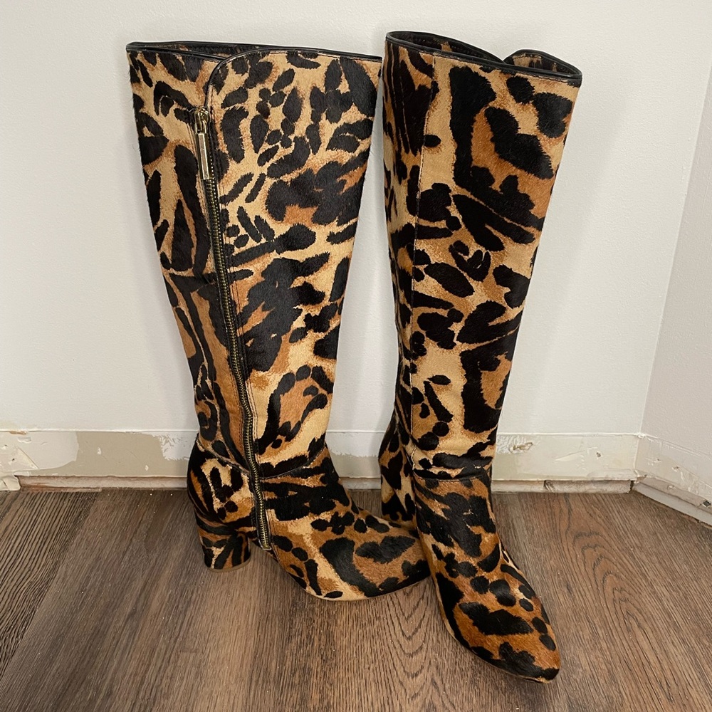 Louise et Cie cow hair leopard print high heeled knee high boots